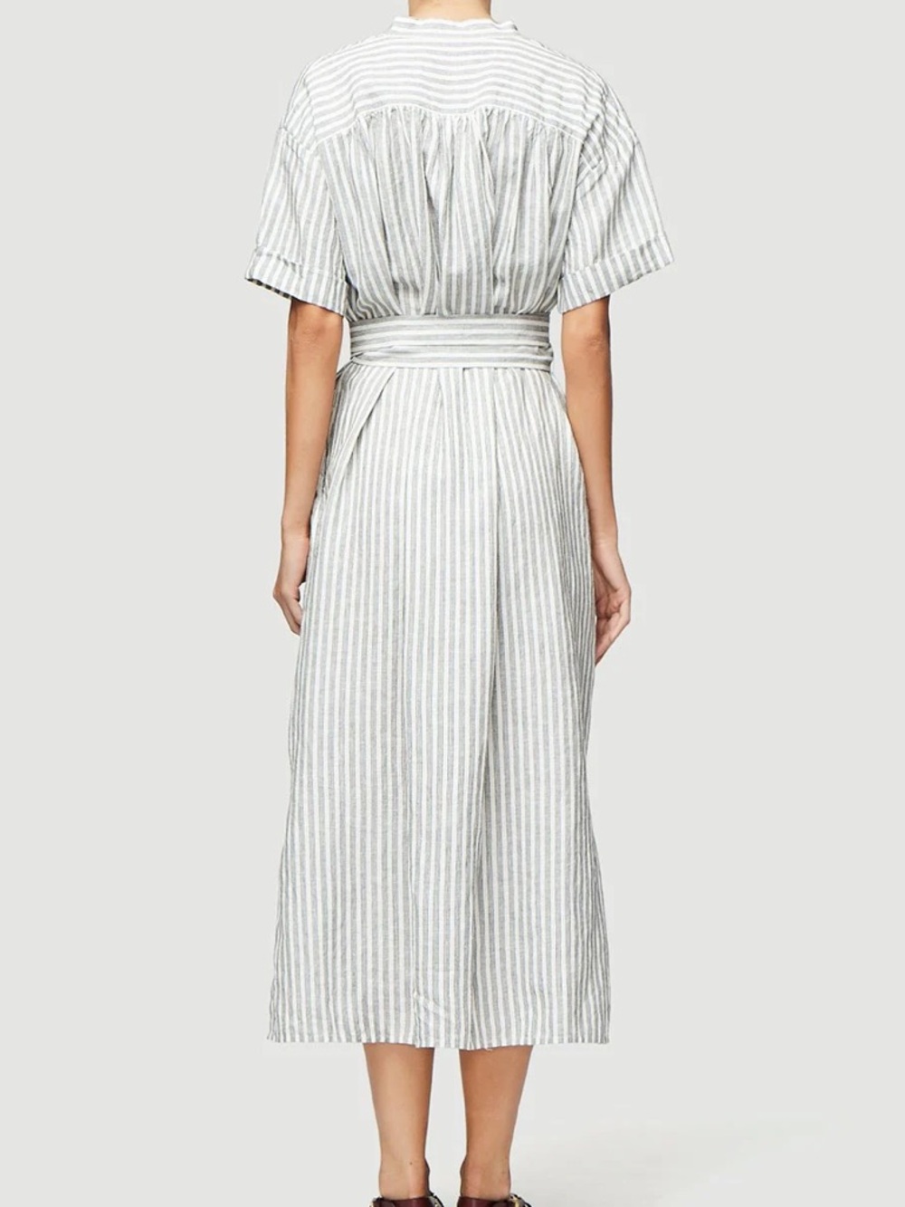 FRAME Button Front Linen Striped Midi Dress Quiet Luxury Coastal Chic Size Small - Picture 2 of 11